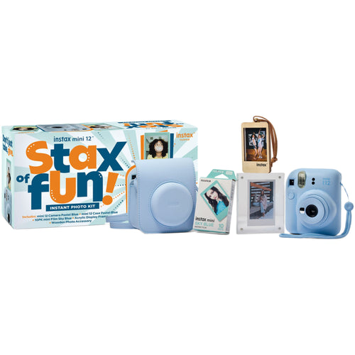 Fujifilm Instax Mini 12 with Case, Novelty Film, Acrylic Photo Frame and Recycled Wood Ornament/Tag - Pastel Blue