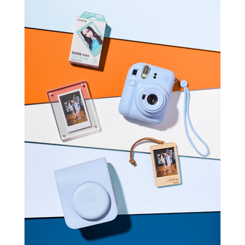 Fujifilm Instax Mini 12 with Case, Novelty Film, Acrylic Photo Frame and Recycled Wood Ornament/Tag - Pastel Blue