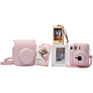 Fujifilm Instax Mini 12 with Case, Novelty Film, Acrylic Photo Frame and Recycled Wood Ornament/Tag - Blossom Pink