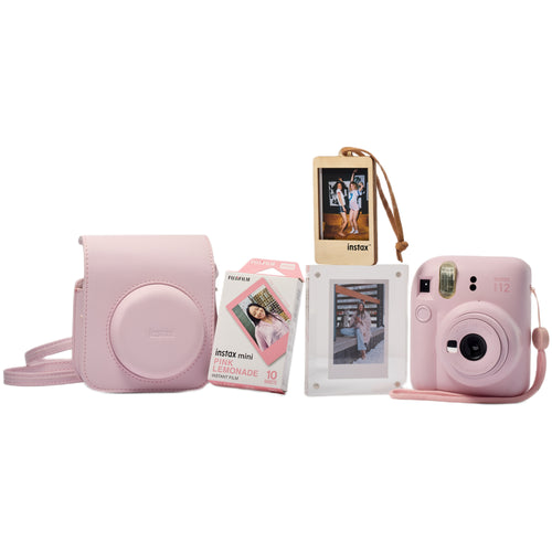 Fujifilm Instax Mini 12 with Case, Novelty Film, Acrylic Photo Frame and Recycled Wood Ornament/Tag - Blossom Pink