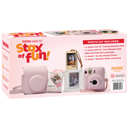 Fujifilm Instax Mini 12 with Case, Novelty Film, Acrylic Photo Frame and Recycled Wood Ornament/Tag - Blossom Pink
