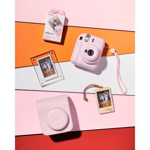 Fujifilm Instax Mini 12 with Case, Novelty Film, Acrylic Photo Frame and Recycled Wood Ornament/Tag - Blossom Pink