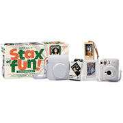 Fujifilm Instax Mini 12 with Case, Novelty Film, Acrylic Photo Frame and Recycled Wood Ornament/Tag - Clay White