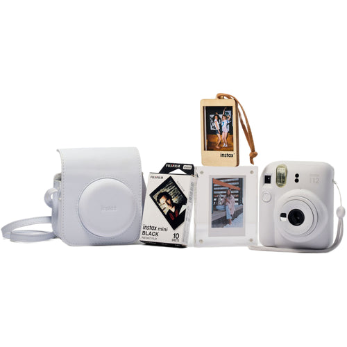 Fujifilm Instax Mini 12 with Case, Novelty Film, Acrylic Photo Frame and Recycled Wood Ornament/Tag - Clay White