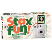 Fujifilm Instax Mini 12 with Case, Novelty Film, Acrylic Photo Frame and Recycled Wood Ornament/Tag - Clay White
