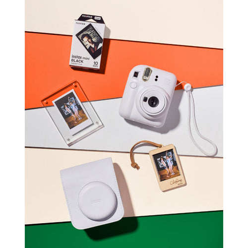 Fujifilm Instax Mini 12 with Case, Novelty Film, Acrylic Photo Frame and Recycled Wood Ornament/Tag - Clay White