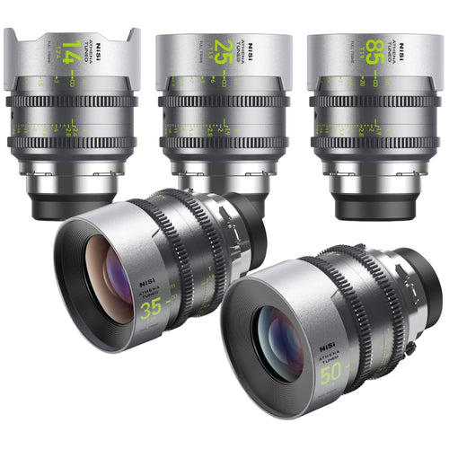 NiSi ATHENA TUNED PRIME Limited Edition Full Frame Cinema Lens Kit with 5 Lenses 14mm T2.4, 25mm T1.9, 35mm T1.9, 50mm T1.9, 85mm T1.9 + Grey Hard Case (PL Mount)