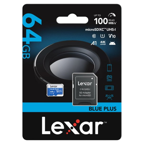Lexar Blue Plus 64GB microSDXC UHS-I 100MB/s Memory Card - V30