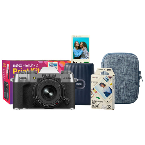 Fujifilm X-T50 Silver with XF 16-50mm Lens and instax mini Link 2 Print Kit (Space Blue)