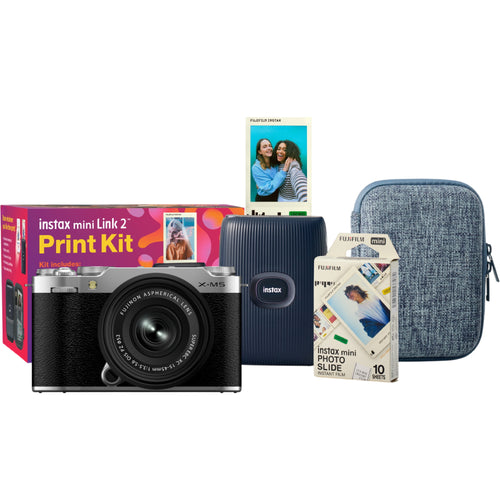 Fujifilm X-M5 Silver with XC 15-45mm Kit and instax mini Link 2 Print Kit (Space Blue)