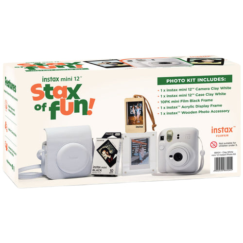 Fujifilm Instax Mini 12 with Case, Novelty Film, Acrylic Photo Frame and Recycled Wood Ornament/Tag - Clay White