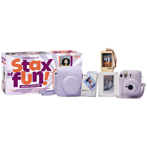 Fujifilm Instax Mini 12 with Case, Novelty Film, Acrylic Photo Frame and Recycled Wood Ornament/Tag - Lilac Purple