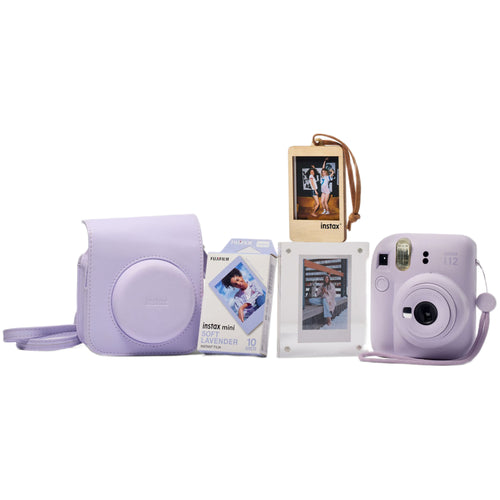 Fujifilm Instax Mini 12 with Case, Novelty Film, Acrylic Photo Frame and Recycled Wood Ornament/Tag - Lilac Purple