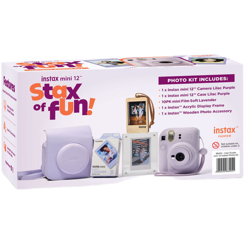 Fujifilm Instax Mini 12 with Case, Novelty Film, Acrylic Photo Frame and Recycled Wood Ornament/Tag - Lilac Purple