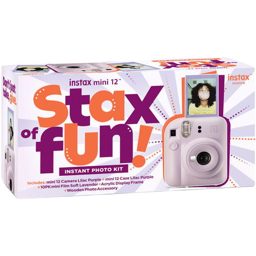 Fujifilm Instax Mini 12 with Case, Novelty Film, Acrylic Photo Frame and Recycled Wood Ornament/Tag - Lilac Purple