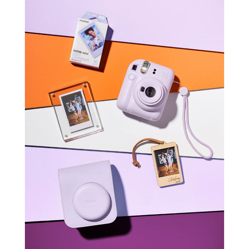 Fujifilm Instax Mini 12 with Case, Novelty Film, Acrylic Photo Frame and Recycled Wood Ornament/Tag - Lilac Purple