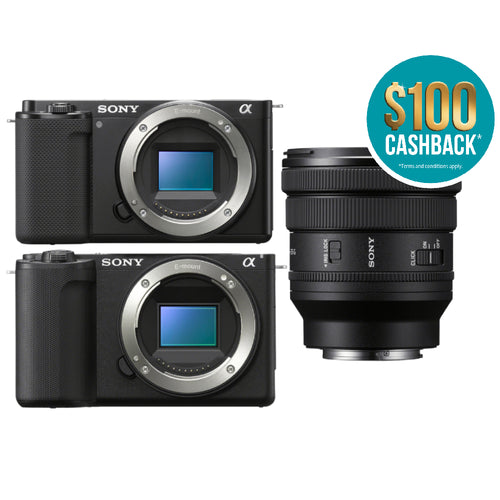 Sony ZV-E10 (Black) with Sony ZV-E10 II (Black) and FE 16-35mm F4 PZ G Lens
