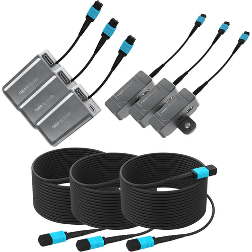 Kondor Blue Fletch Fiber Transmitter & Receiver Modules Kit for HDMI with Fiber Armored Cables OM3 MPO (100 Feet, 3-Pack)