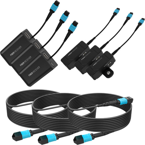Kondor Blue Fletch Fiber Transmitter & Receiver Modules Kit for HDMI with Fiber Armored Cables OM3 MPO (50 Feet, 3-Pack)