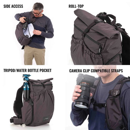 Shimoda Side Lite 22 side access, roll-top, tripod pocket and camera clip straps
