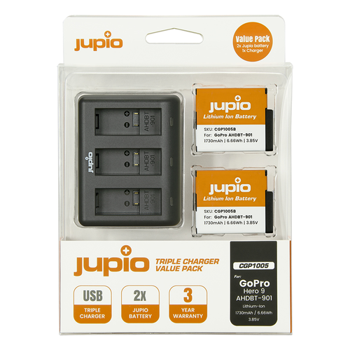 Jupio Kit: 2 x GoPro Hero 9/10 1730mAh Batteries + USB Triple Charger
