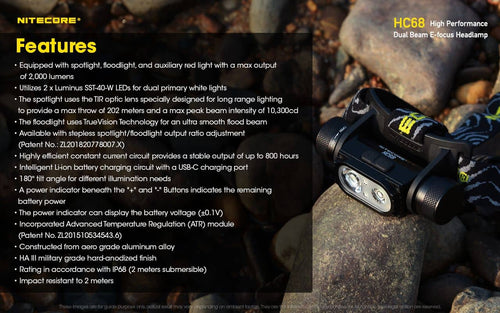Nitecore HC68 versatile 2000 lumen 202m spot & flood rechargeable headlamp