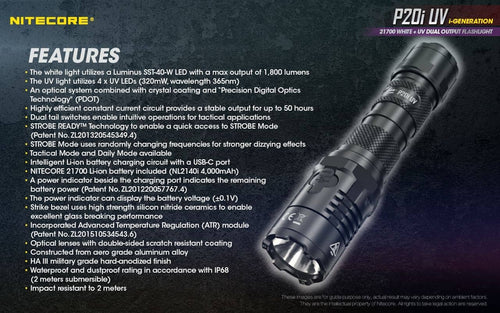 Nitecore P20i UV compact 1800 lumen USB-C rechargeable LED torch with UV output